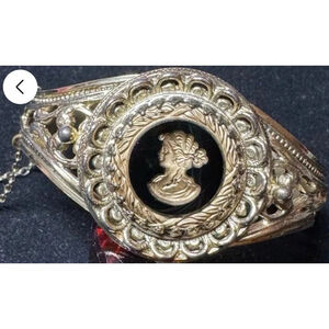 Vintage Whiting Davis 1930’s Gold tone Black Glass Cameo Hinged Bangle Bracelet